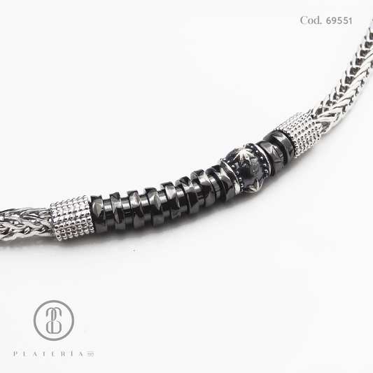PULSERA RODINADA PARA CABALLERO 19CM TRENZADA CON NEGRO PLATA.925