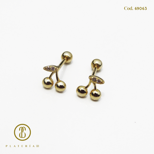 ARETE DORADO BAÑO 14K CIERRE BOLITA CEREZA PLATA.925
