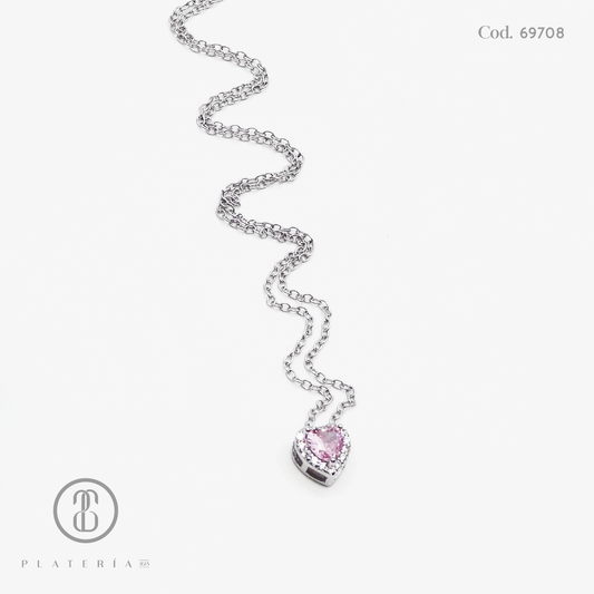 GARGANTILLA RODINADA CORAZON ZIRCON ROSADO PLATA.925