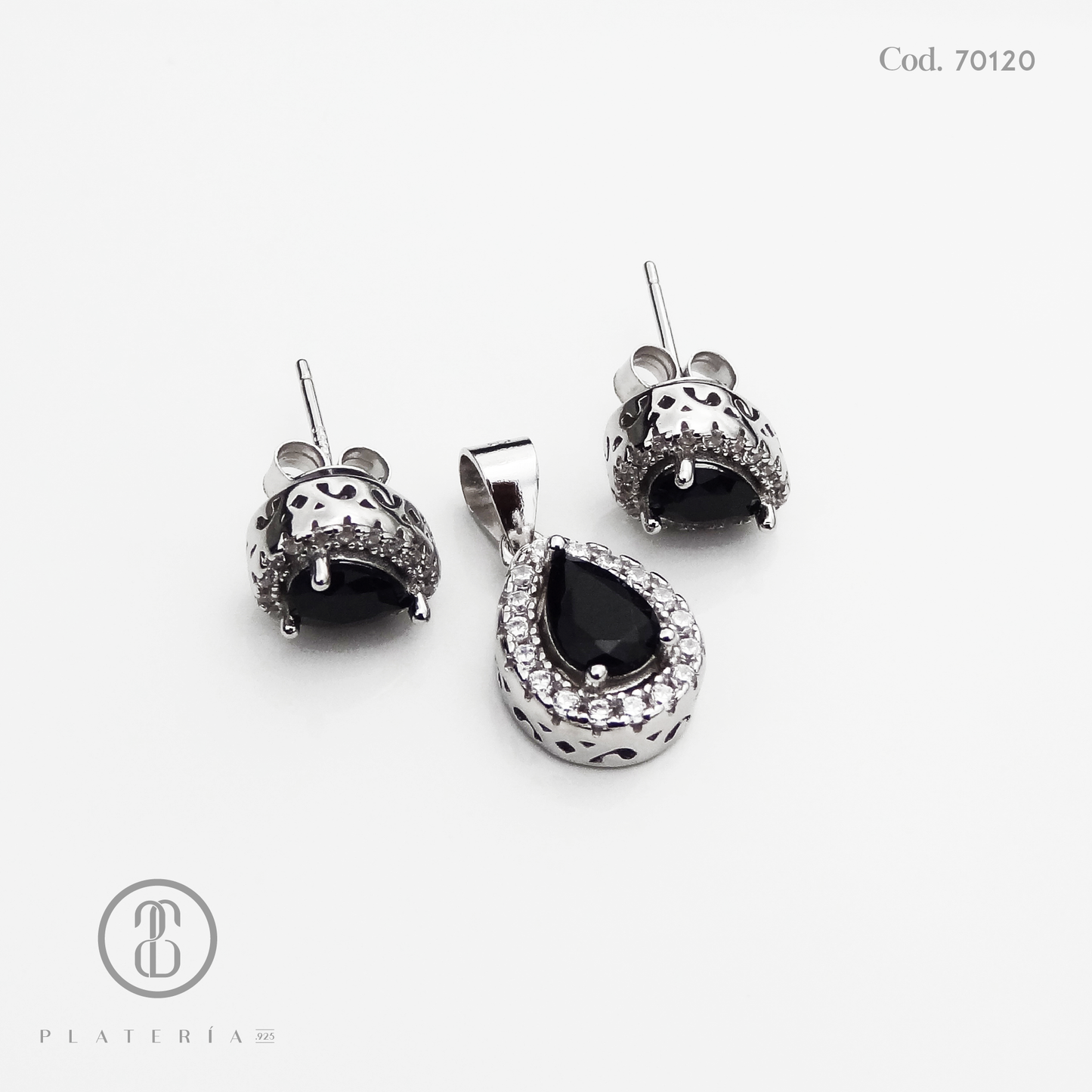 JUEGO RODINADO GOTA NEGRO PLATA.925