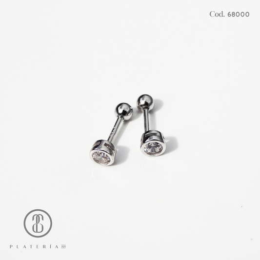 ARETE RODINADO BISELADO 4MM CIERRE BOLITA PLATA.925