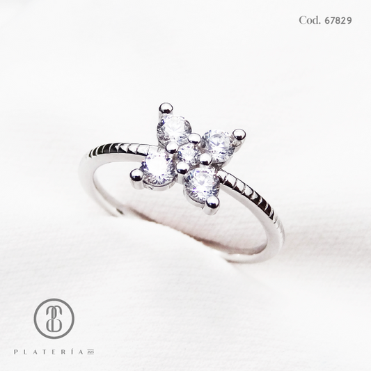 ANILLO RODINADO FLOR ZIRCON PLATA.925