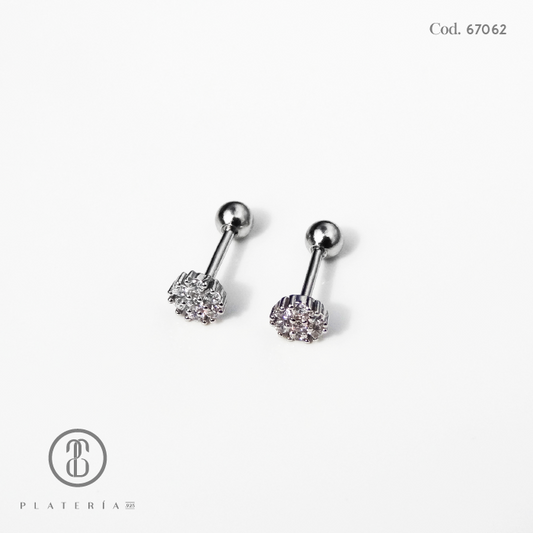 ARETE RODINADO CIERRE BOLITA FLORCITA PLATA.925
