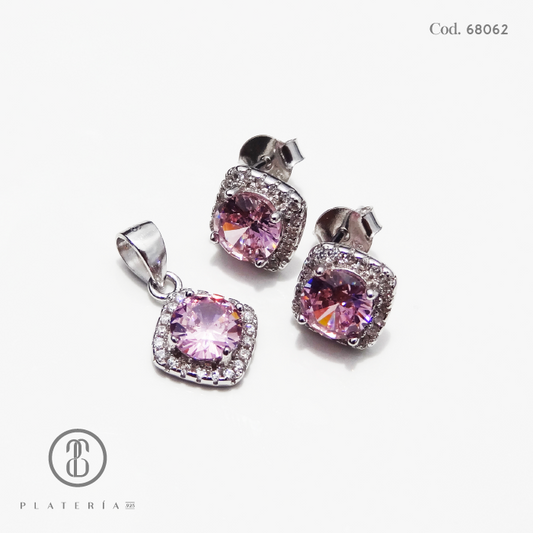 JUEGO RODINADO ZIRCON ROSADO PLATA.925