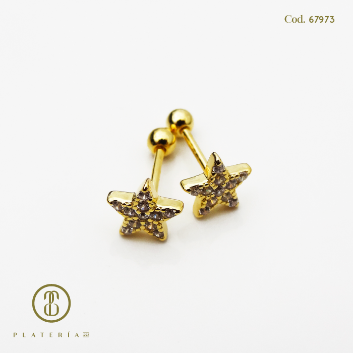 ARETE DORADO BAÑO 14K ESTRELLA CIERRE BOLITA PLATA.925