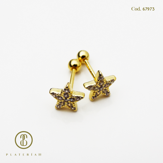 ARETE DORADO BAÑO 14K ESTRELLA CIERRE BOLITA PLATA.925