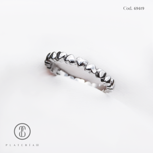 ANILLO RODINADO CINTILLO CORAZONES LISOS PLATA.925