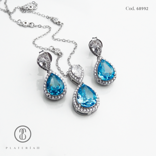 JUEGO RODINADO GOTA ZIRCON CELESTE PLATA.925