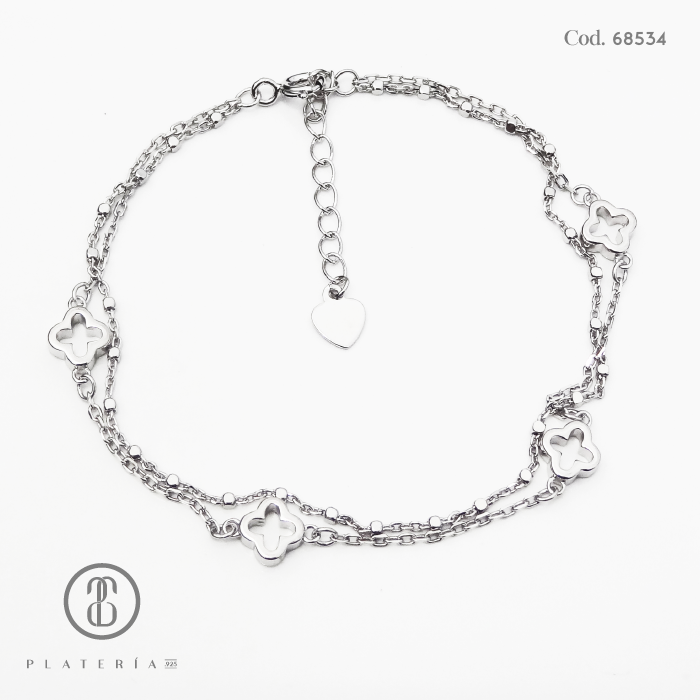 PULSERA RODINADA TREBOL LISO 17*3CM PLATA.925