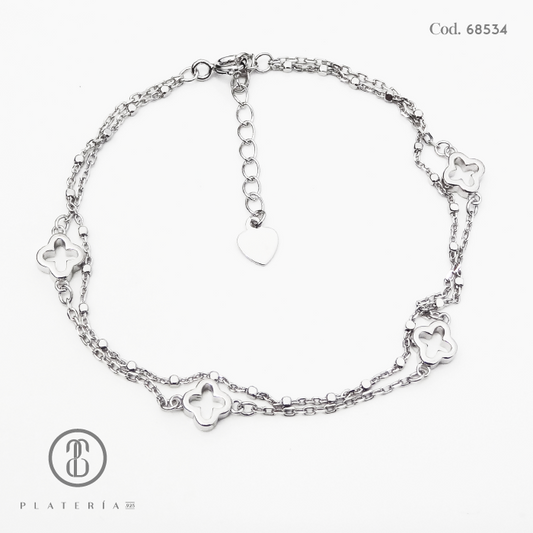 PULSERA RODINADA TREBOL LISO 17*3CM PLATA.925