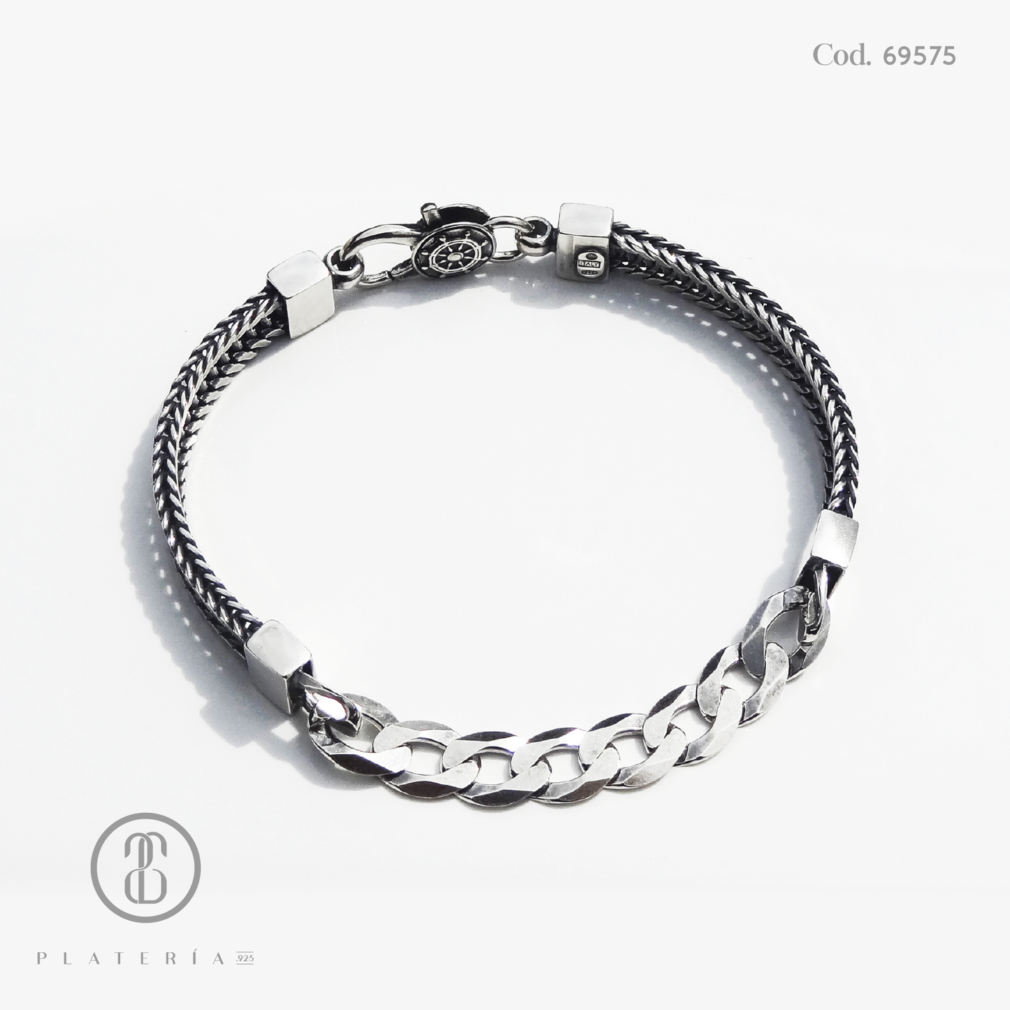 PULSERA TRENZADA Y MARTILLADA OXIDADA 21CM PLATA.925