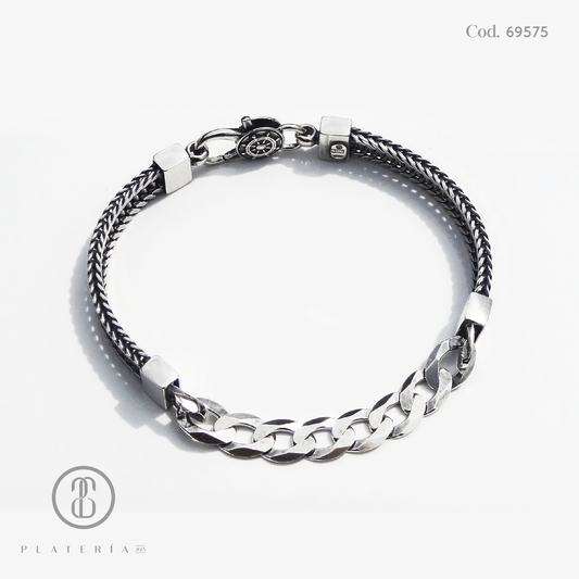 PULSERA TRENZADA Y MARTILLADA OXIDADA 21CM PLATA.925