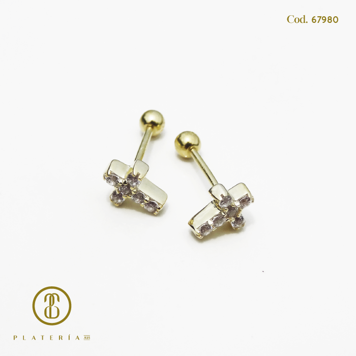 ARETE DORADO BAÑO 14K CRUZ CIERRE DE BOLITA PLATA.925
