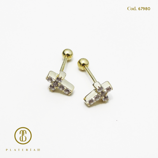 ARETE DORADO BAÑO 14K CRUZ CIERRE DE BOLITA PLATA.925