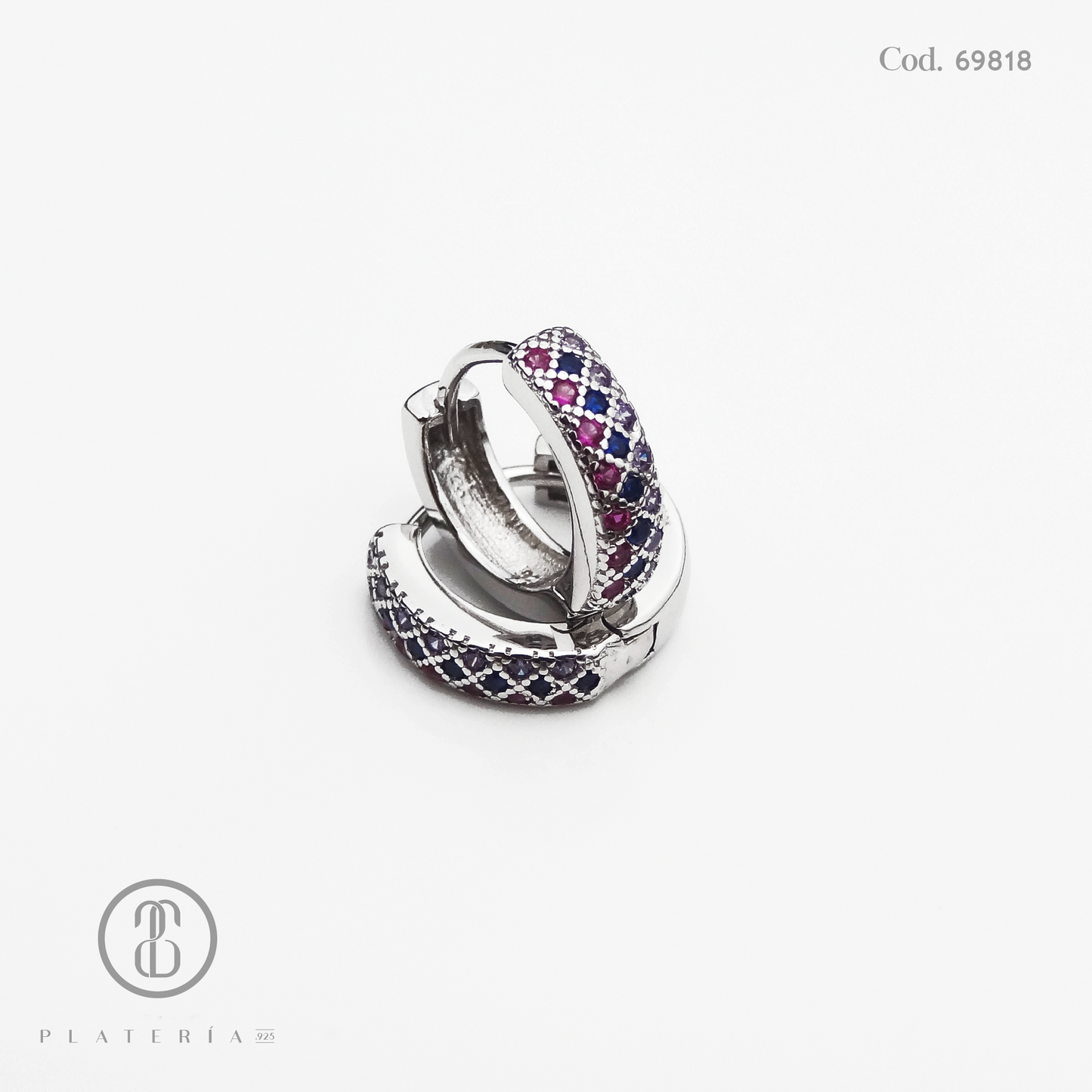 HUGGIE RODINADO PAVE COLORES 16MM PLATA.925
