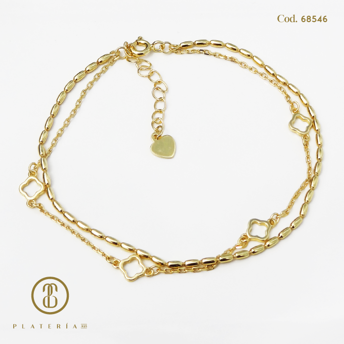 PULSERA DORADA BAÑO 14K TREBOL PLATA.925