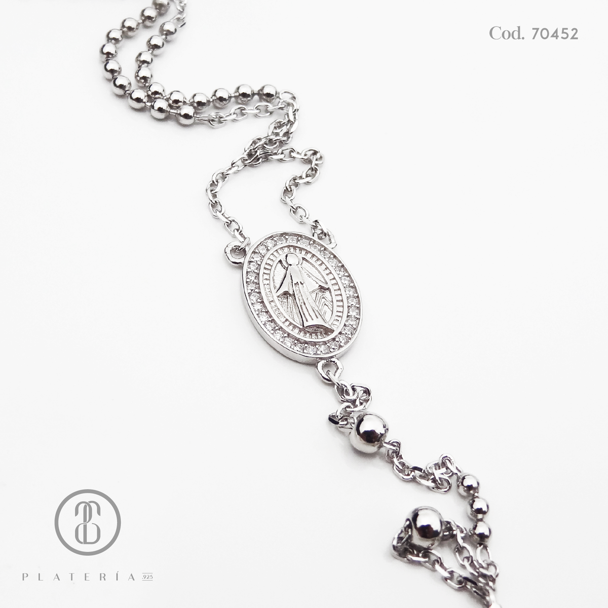 ROSARIO RODINADO VIRGEN MILAGROSA 45*3CM ZIRCON PLATA.925