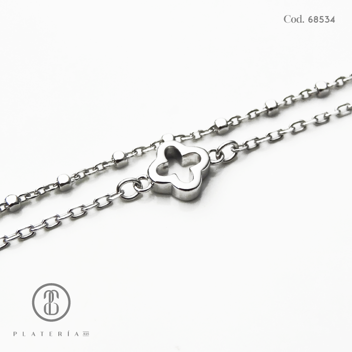 PULSERA RODINADA TREBOL LISO 17*3CM PLATA.925