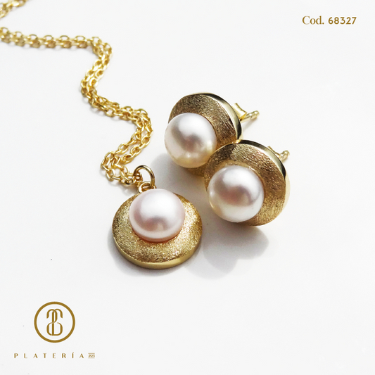 JUEGO DORADO BAÑO 14K PERLA CULTIVADA PLATA.925
