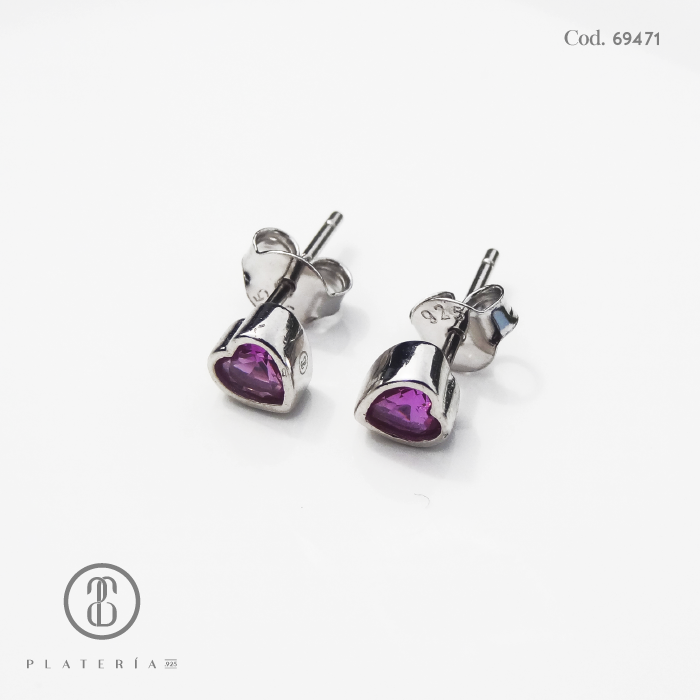 ARETE RODINADO CORAZON 5.5MM FUCSIA PLATA.925
