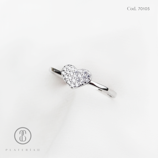 ANILLO RODINADO CORAZON PAVE PLATA.925