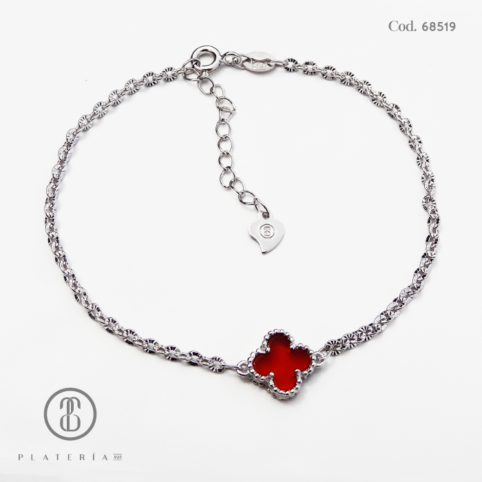 PULSERA RODINADA TREBOL AGATA ROJA 17*3CM PLATA.925