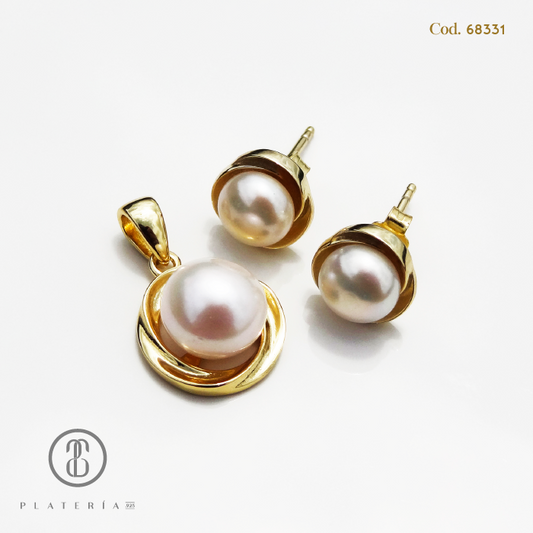 JUEGO DORADO BAÑO 14K PERLA CULTIVADA PLATA.925