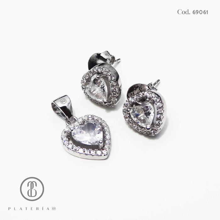 JUEGO RODINADO CORAZON ZIRCON PLATA.925