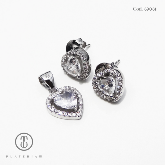 JUEGO RODINADO CORAZON ZIRCON PLATA.925