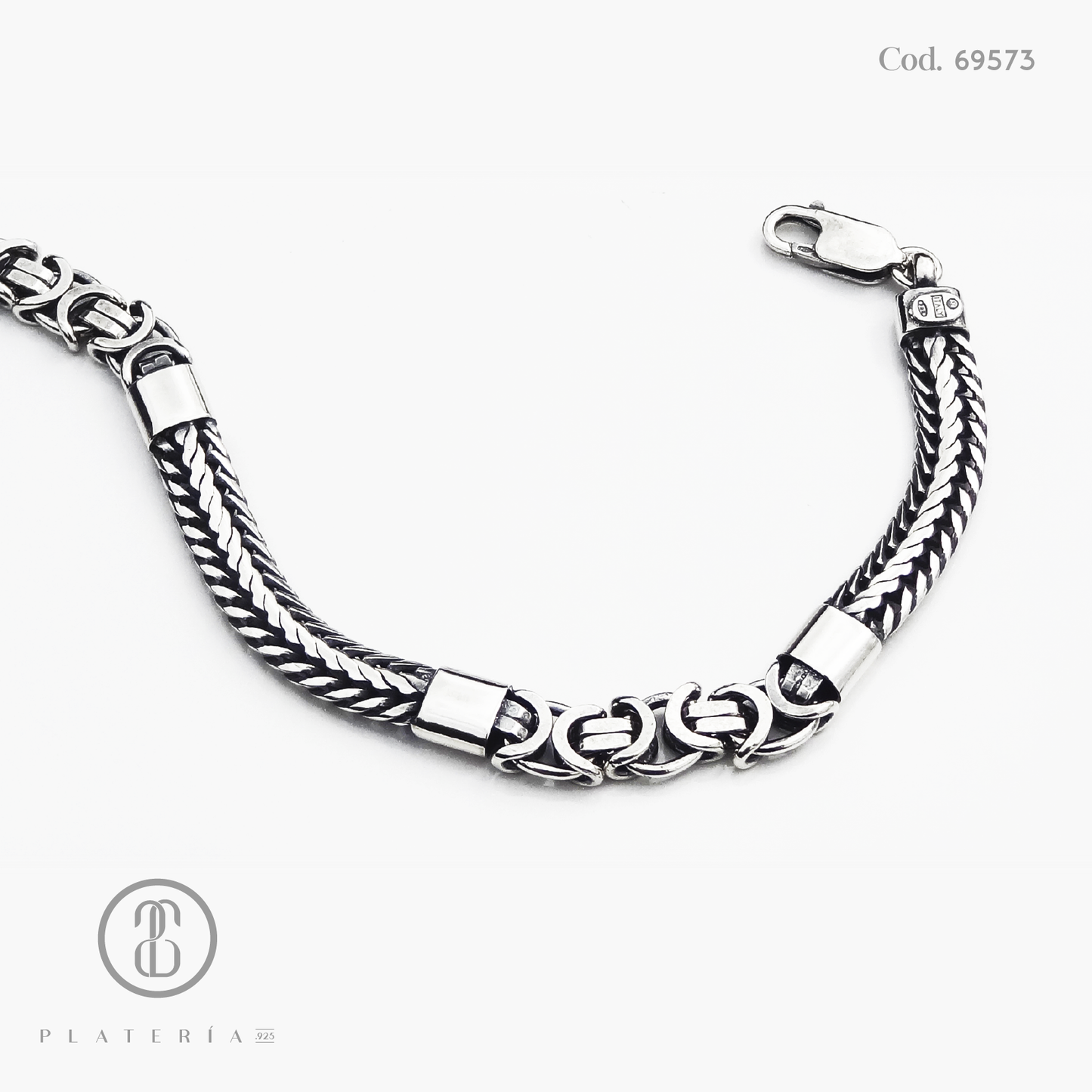 PULSERA TRENZADA Y ESLABONES 19CM OXIDADA PLATA.925