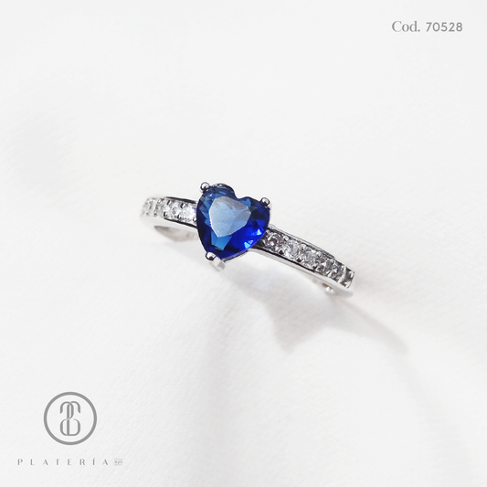 ANILLO RODINADO CORAZON AZUL PLATA.925