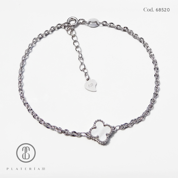 PULSERA RODINADA TREBOL NACAR 17*3CM PLATA.925