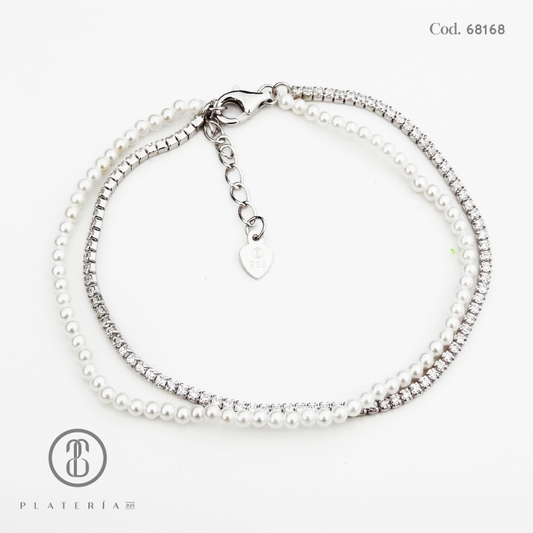 PULSERA RODINADA 17*3CM DOBLE ZIRCON Y PERLA PLATA.925