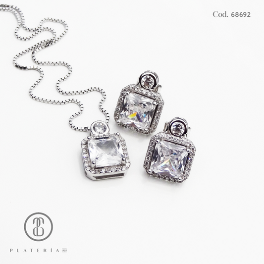 JUEGO RODINADO ZIRCON CUADRADO PLATA.925