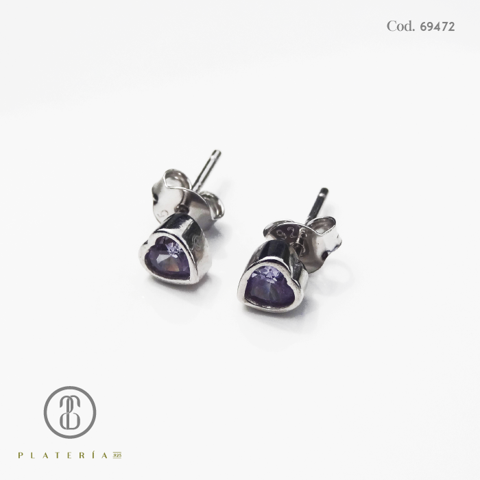 ARETE RODINADO CORAZON 5.5MM LAVANDA PLATA.925