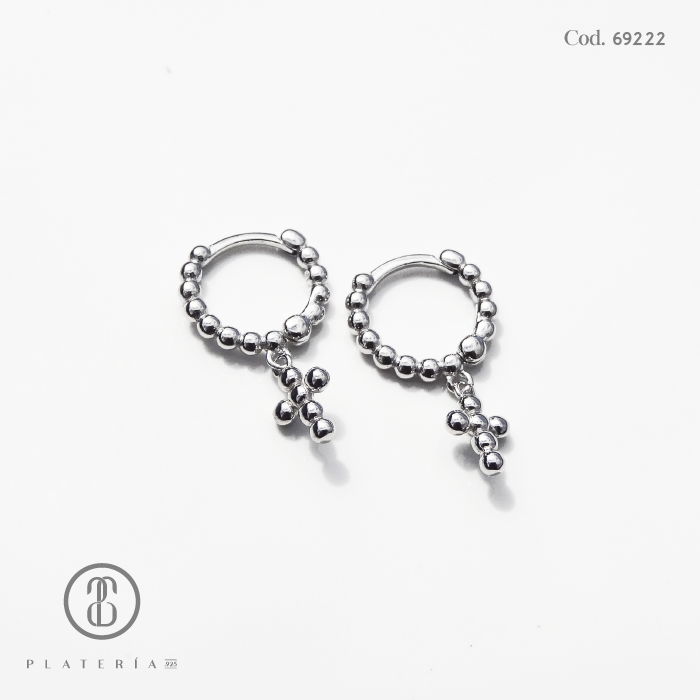 HUGGIE RODINADO BOLITAS CON DIJE CRUZ 11MM PLATA.925
