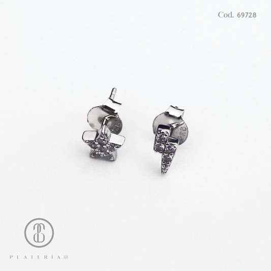 ARETE  RODINADO MIS-MATCHED ESTRELLA Y RAYO PLATA.925