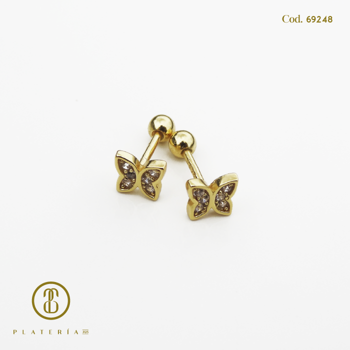 ARETE DORADO BAÑO 14K CIERRE BOLITA MARIPOSA PLATA.925