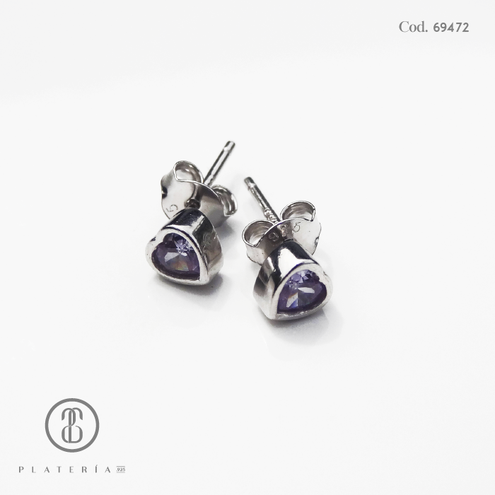 ARETE RODINADO CORAZON 5.5MM LAVANDA PLATA.925