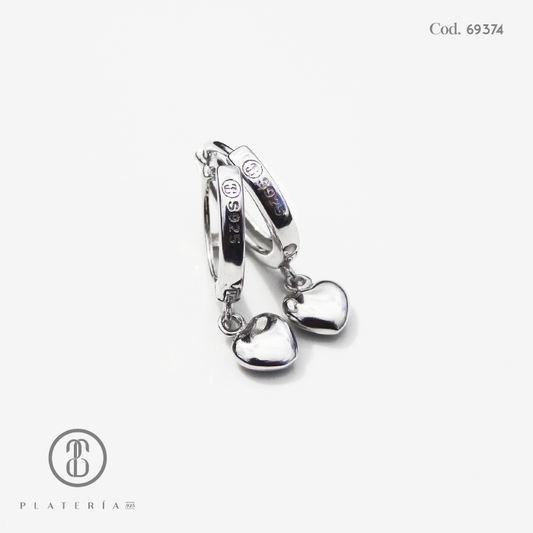 HUGGIE RODINADO CON DIJE CORAZON LISO PLATA.925