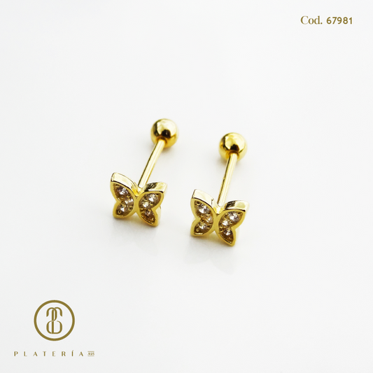 ARETE DORADO BAÑO 14K MARIPOSA CIERRE BOLITA PLATA.925