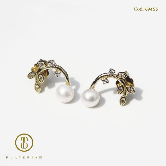 ARETE DORADO BAÑO 14K HOJITAS PLATA.925