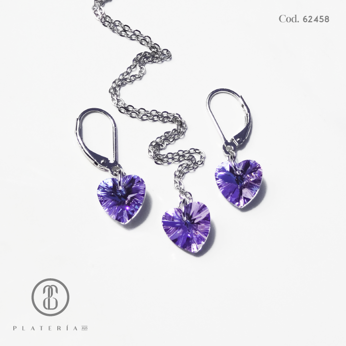 JUEGO RODINADO CORAZON SWAROVSKI TORNASOL PLATA.925