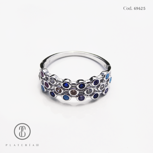 ANILLO RODINADO CIRCON COLORES BISELADOS PLATA.925