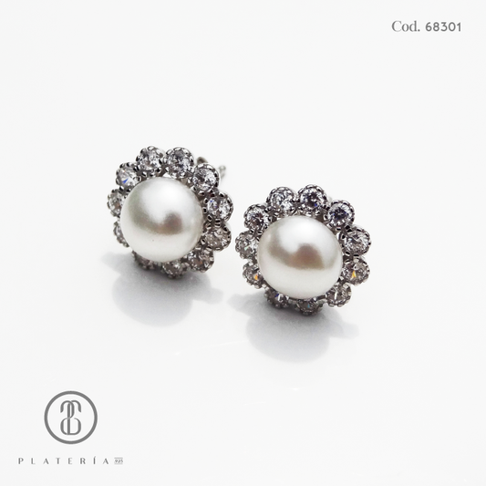 ARETE RODINADO FLOR PERLA CULTIVADA PLATA.925