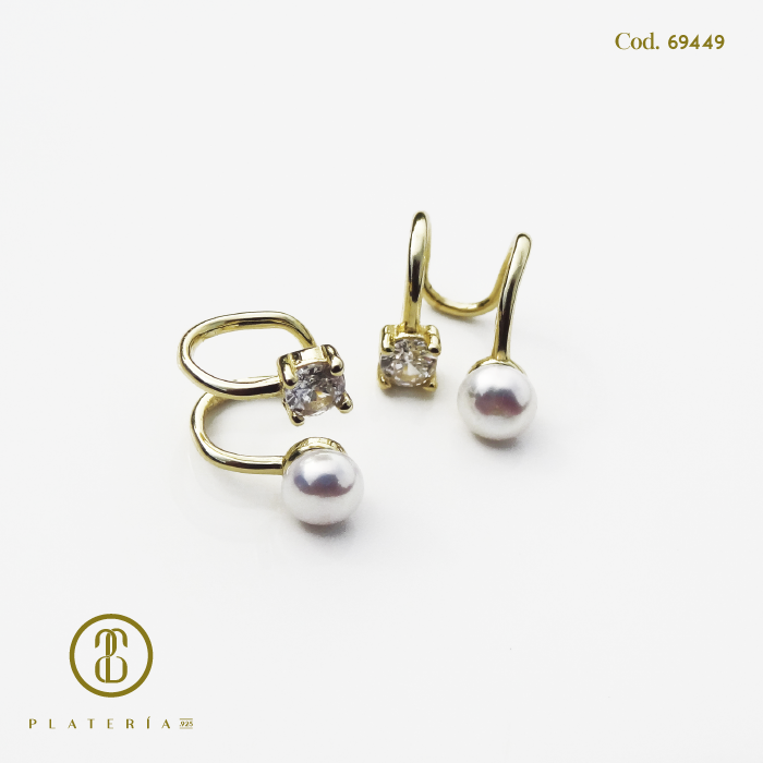 EAR CUFF DORADA BAÑO 14 PERLA CULTIVADA (PAR)  PLATA.925
