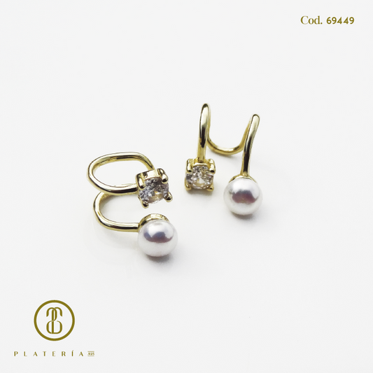 EAR CUFF DORADA BAÑO 14 PERLA CULTIVADA (PAR)  PLATA.925