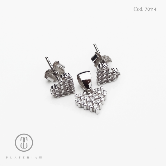 JUEGO RODINADO CORAZON PAVE PLATA.925