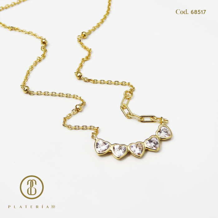 GARGANTILLA CORAZONES DORADA BAÑO 14K PLATA.925