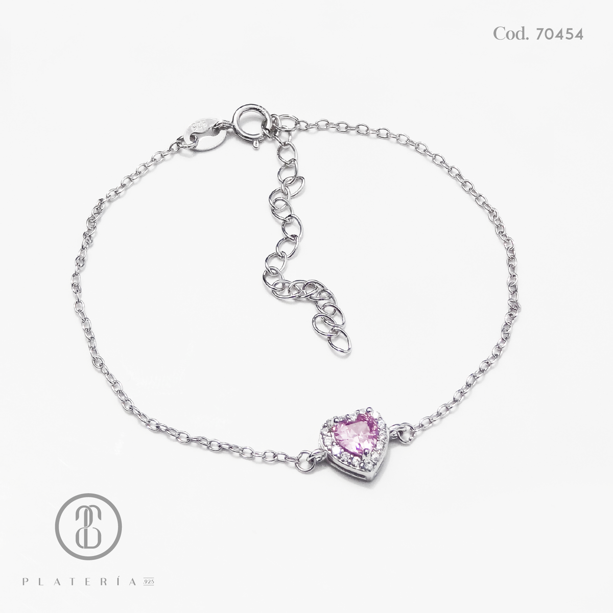 PULSERA RODINADA CORAZON ZIRCON ROSA PLATA.925